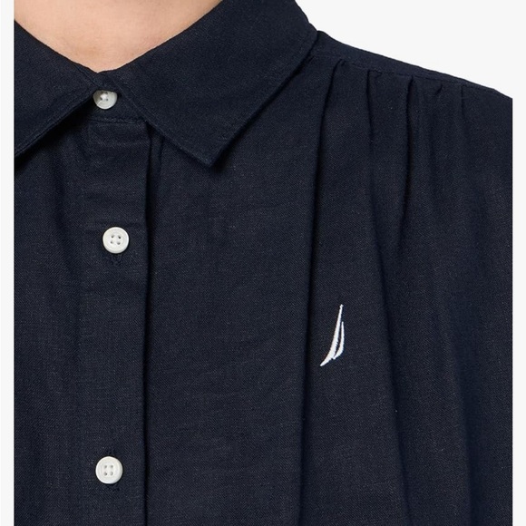 Nautica Women's Navy Linen Blend Short Sleeve Button Up Shirt Sz L - Picture 3 of 10